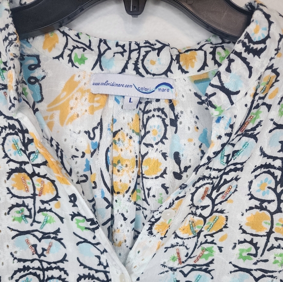 Colori di mare blue green yellow white tunic top boho size large - Picture 2 of 6